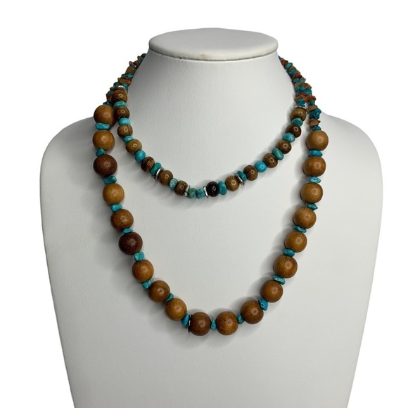 Chico’s Double Strand Brown Wooden Beads Turquoise & Brown Stone Chips Necklace - Picture 2 of 8